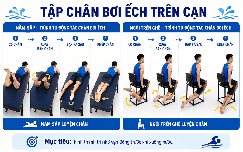 Tập chân trên cạn giúp ghi nhớ trình tự co, xoay bàn chân, đạp và khép chân.