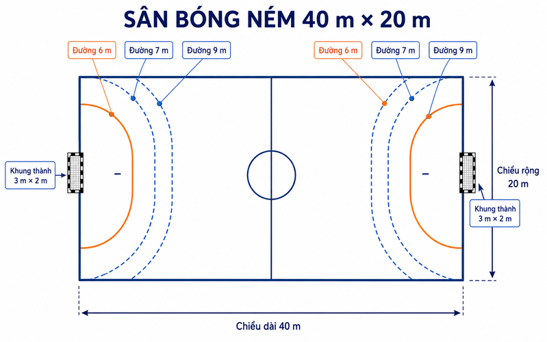 Sân bóng ném tiêu chuẩn dài 40 m, rộng 20 m và được chia thành các khu vực chức năng