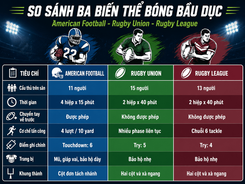 Bảng so sánh giúp người mới nhận biết nhanh những điểm khác biệt giữa ba biến thể bóng bầu dục
